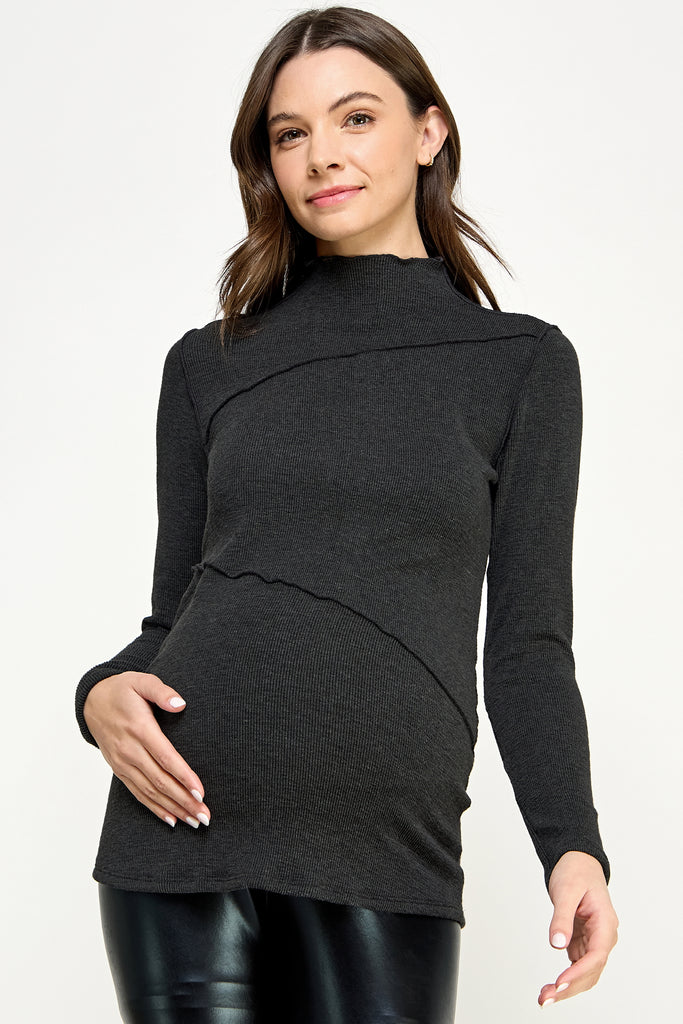 Charcoal Mock Neck Merrow Edge Detail Maternity Top Front