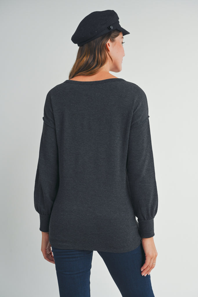 Charcoal Rib Knit Split Neck Maternity Top Back