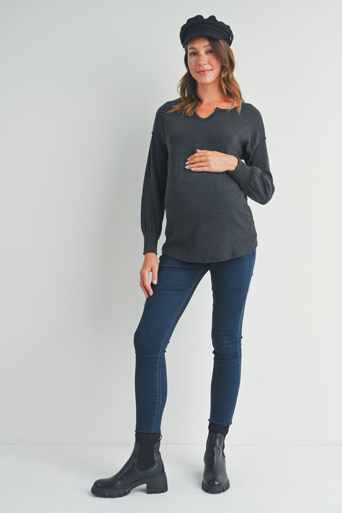 Charcoal Rib Knit Split Neck Maternity Top Full Body