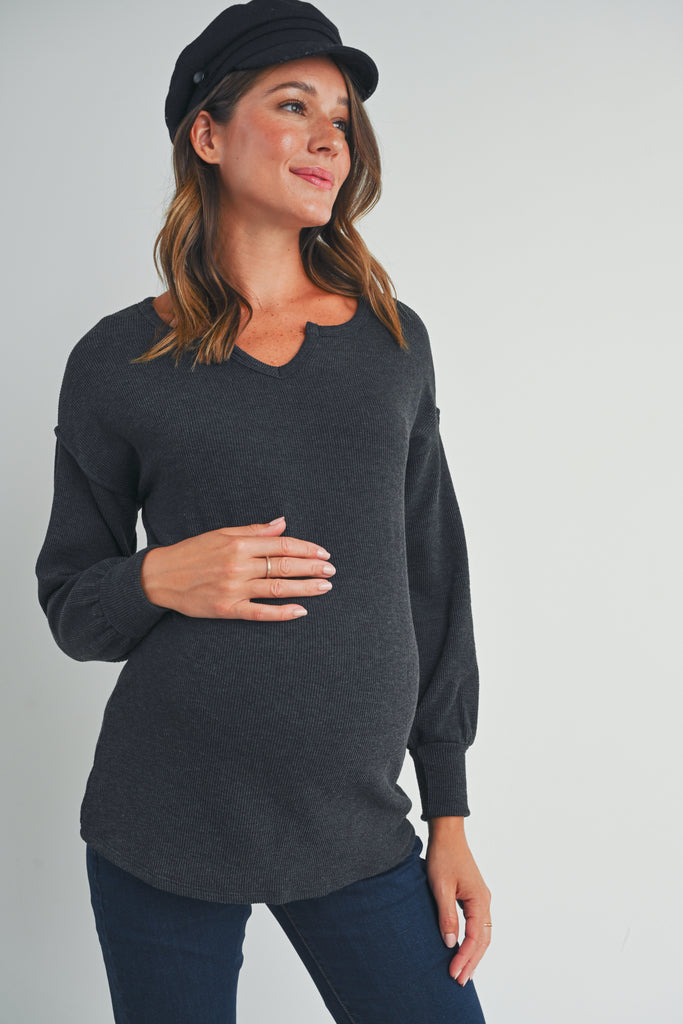 Charcoal Rib Knit Split Neck Maternity Top Front