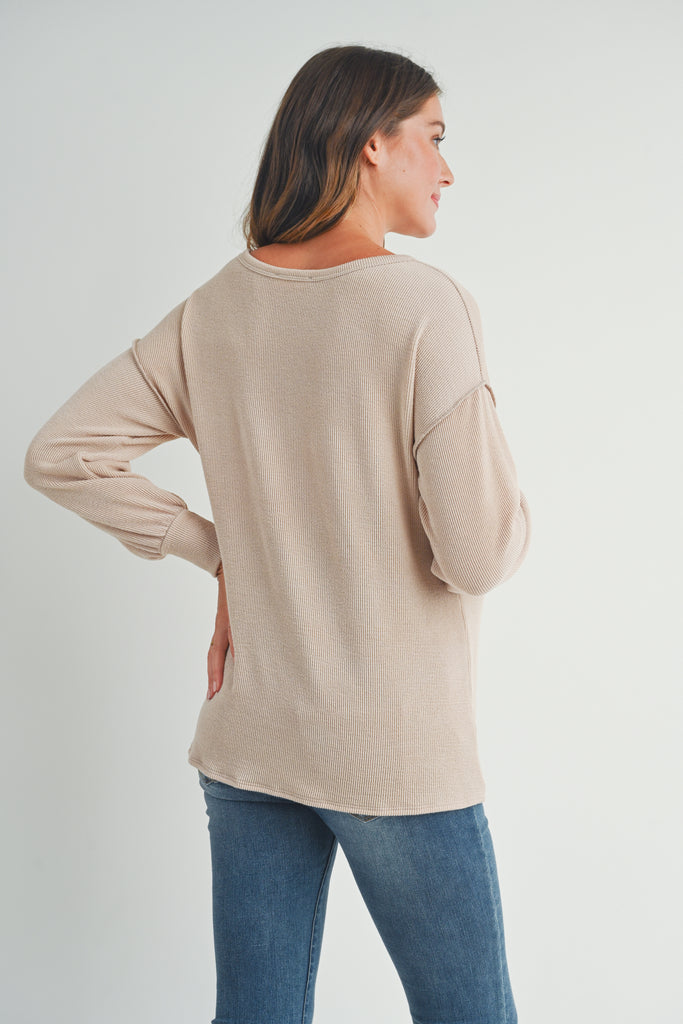 Taupe Rib Knit Split Neck Maternity Top Back