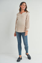 Taupe Rib Knit Split Neck Maternity Top Full Body