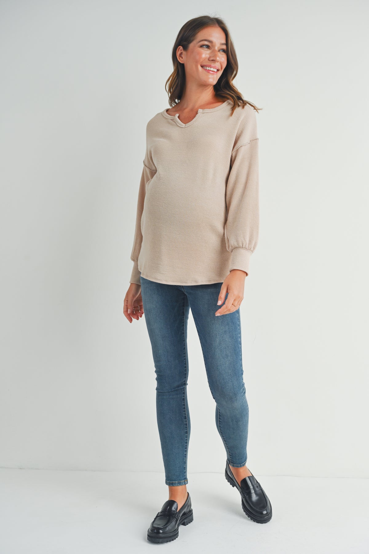 Taupe Rib Knit Split Neck Maternity Top Full Body