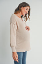 Taupe Rib Knit Split Neck Maternity Top Side