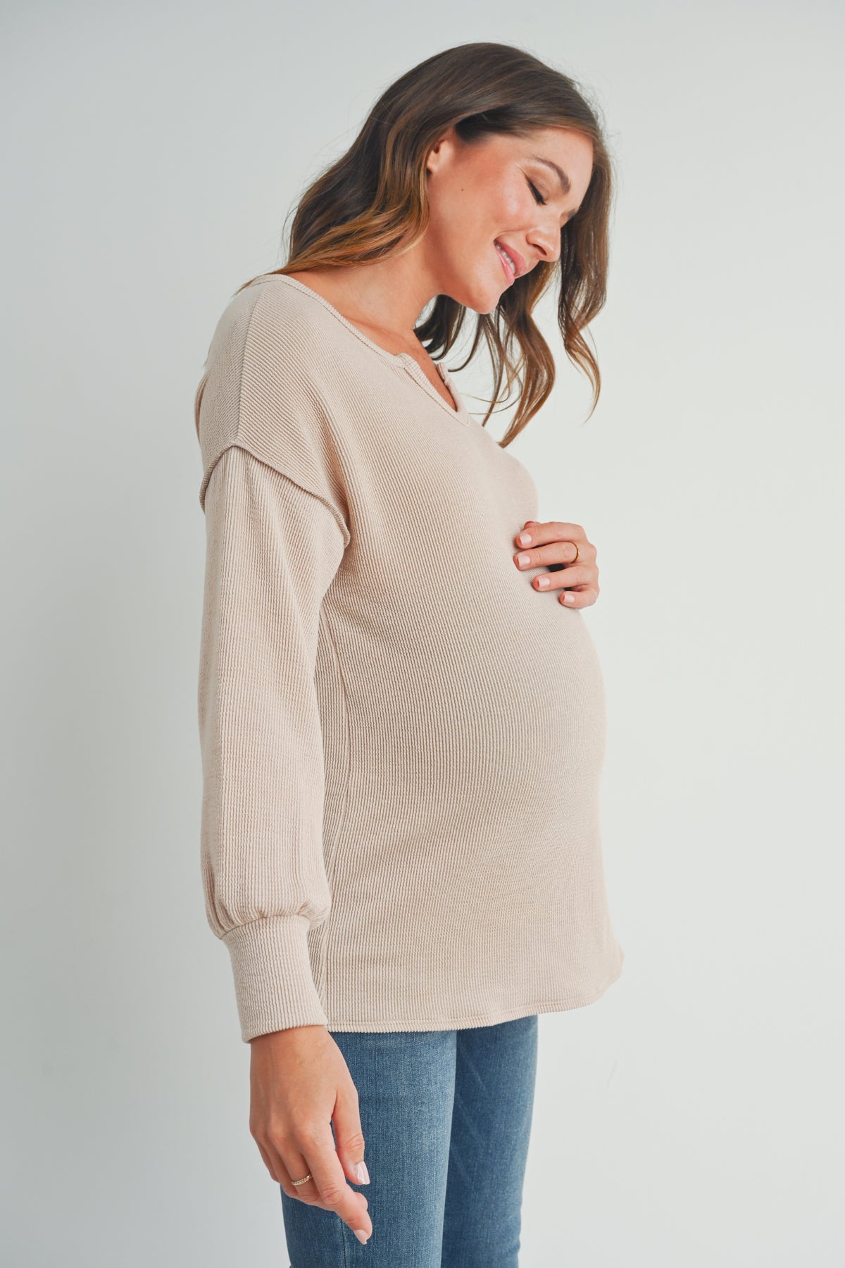 Taupe Rib Knit Split Neck Maternity Top Side