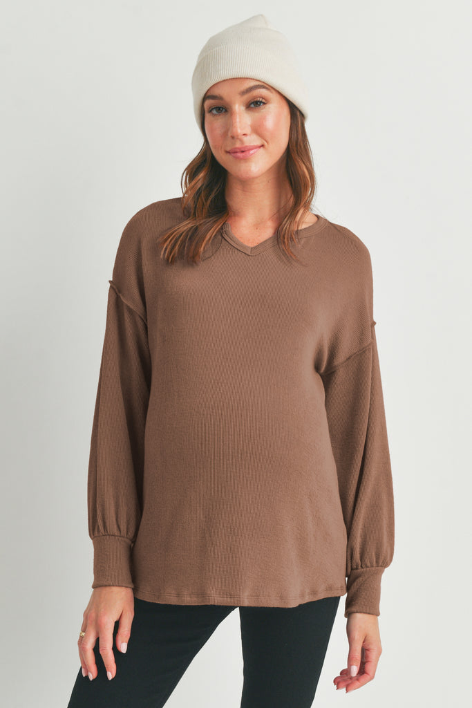 Brown Rib Knit Split Neck Maternity Top Front