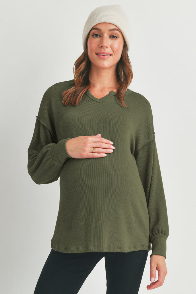 Olive Rib Knit Split Neck Maternity Top Front