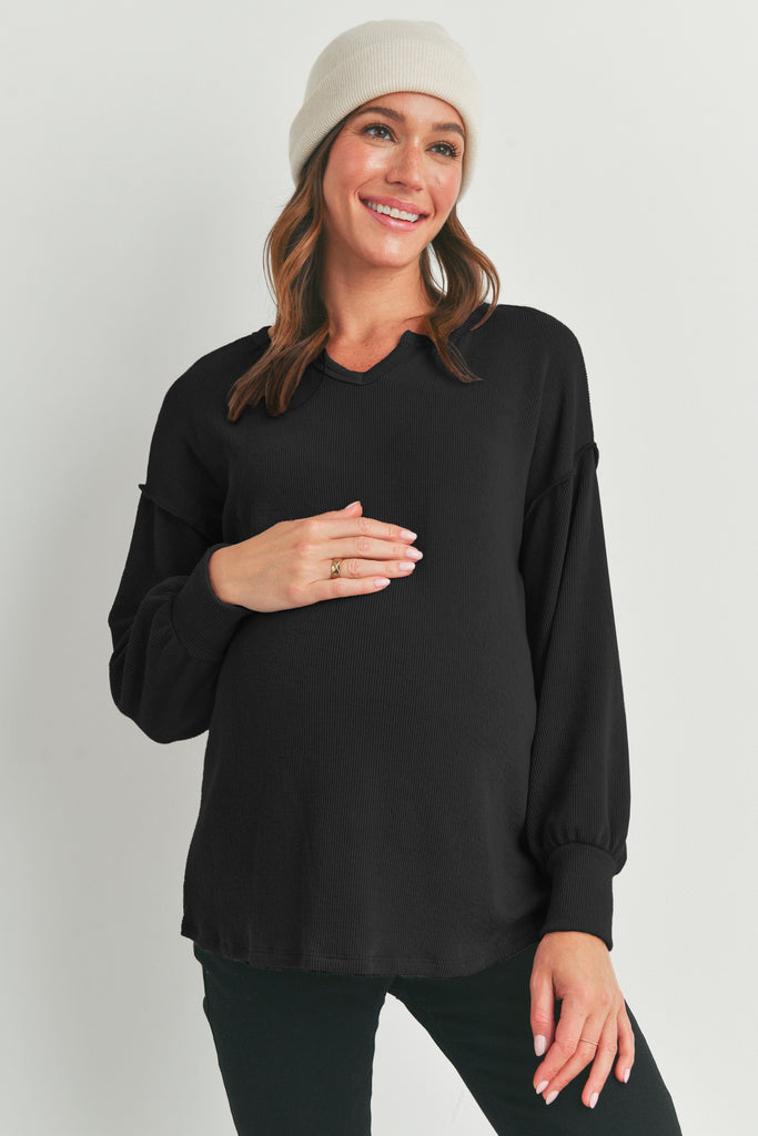 Black Rib Knit Split Neck Maternity Top Front