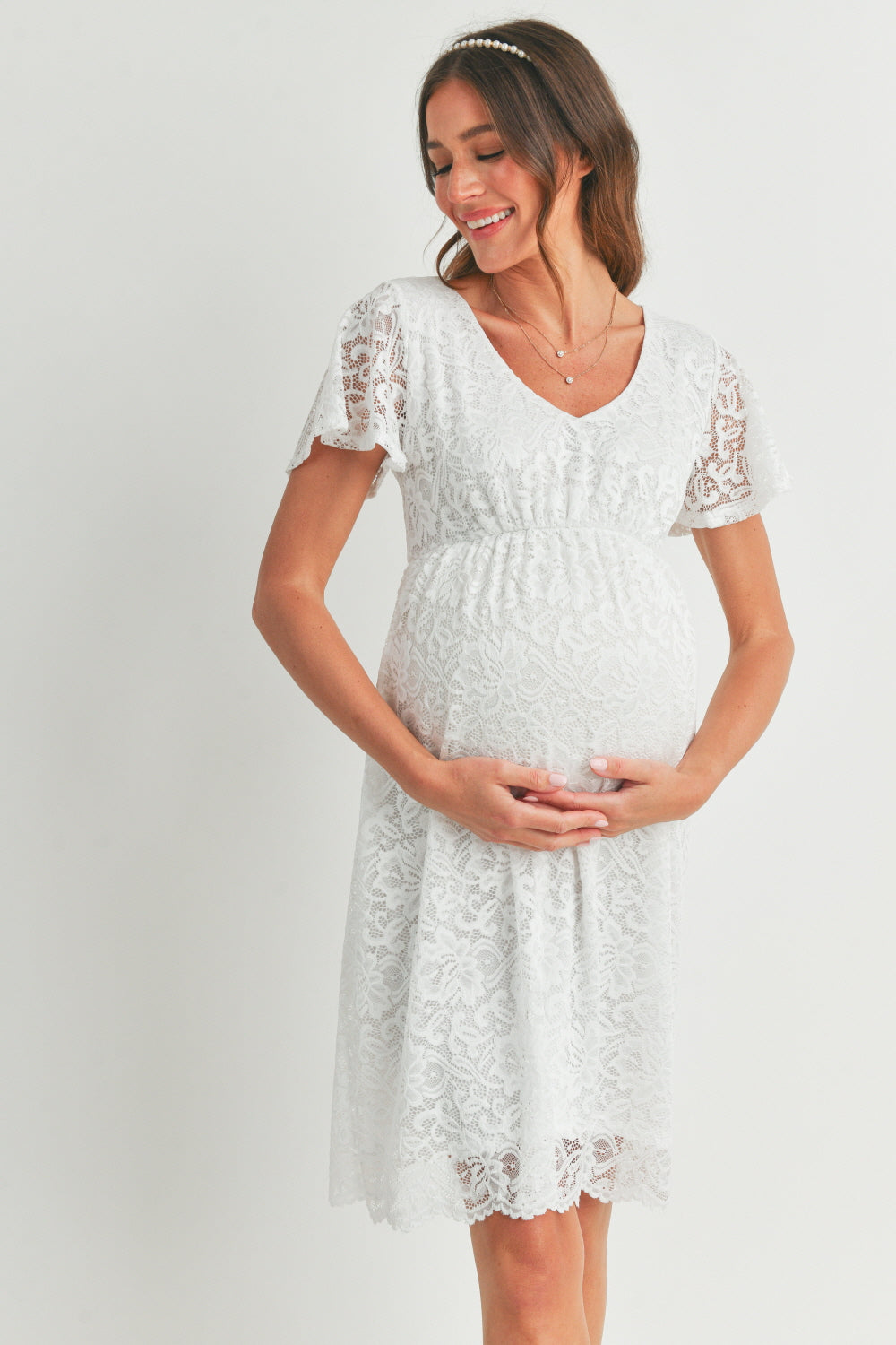V-Neck Lace Maternity Mini Dress PINK / MEDIUM