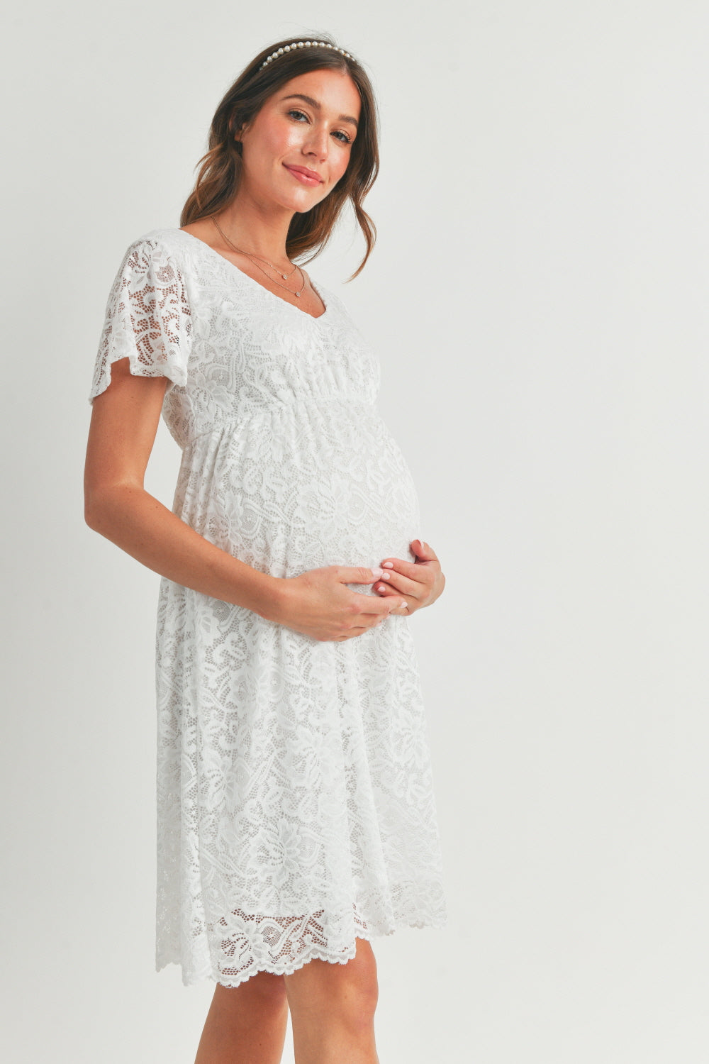 V-Neck Lace Maternity Mini Dress White / X-Large V-Neck Lace Maternity Mini Dress White / X-Large
