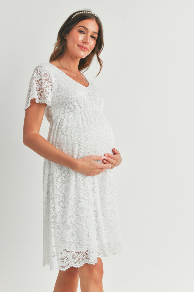 Mamalicious Maternity broderie mini dress with frill sleeves in white
