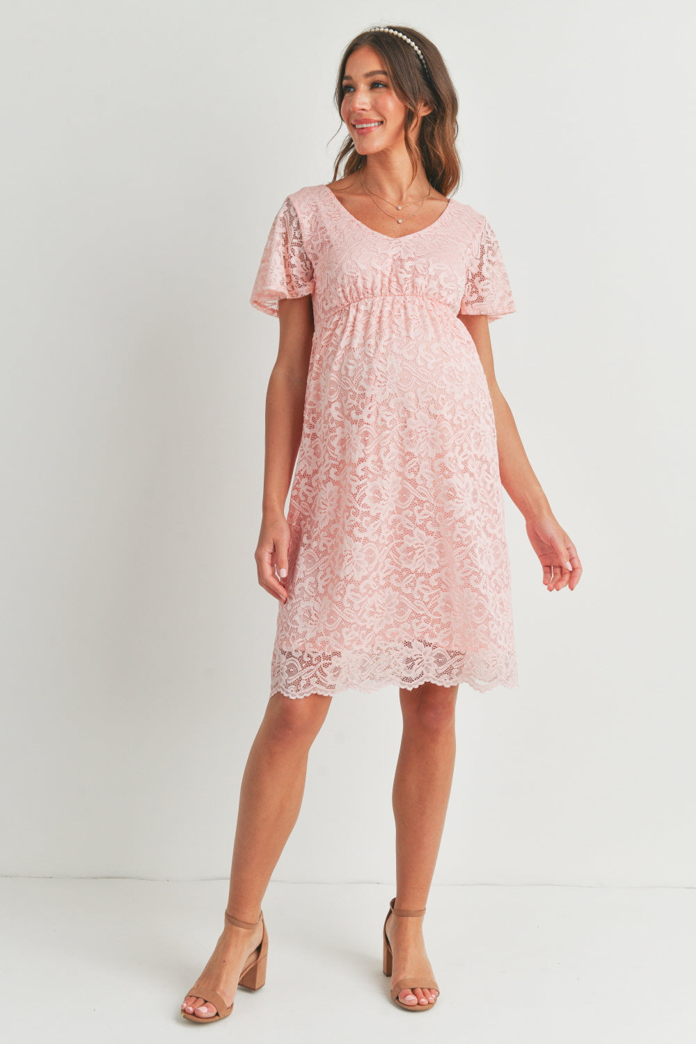 V-Neck Lace Maternity Mini Dress PINK / MEDIUM