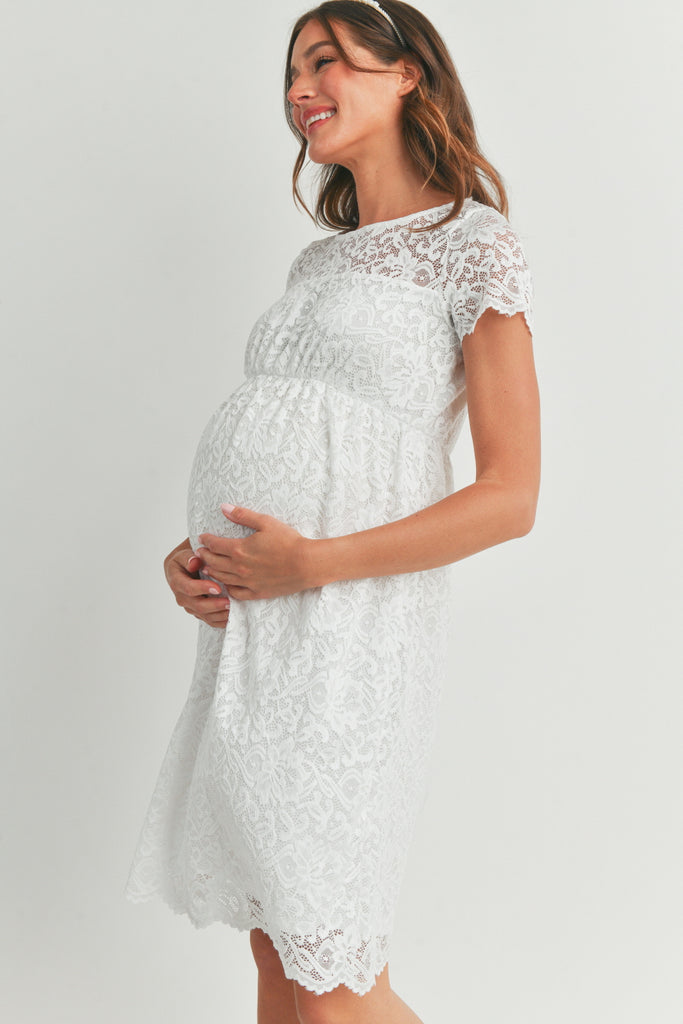 White Short Sleeve Lace Maternity Swing Dress