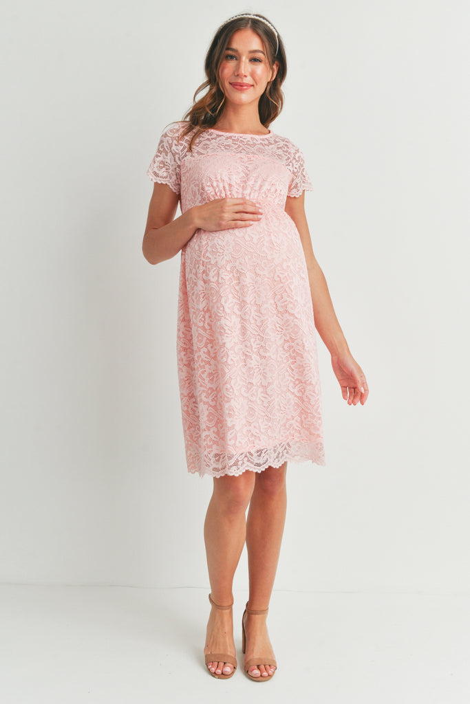 Pink Short Sleeve Lace Maternity Swing Dress