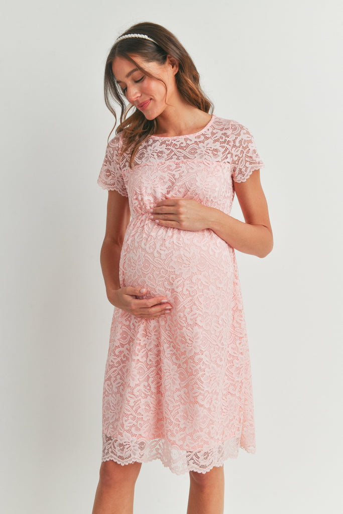 Pink Short Sleeve Lace Maternity Swing Dress