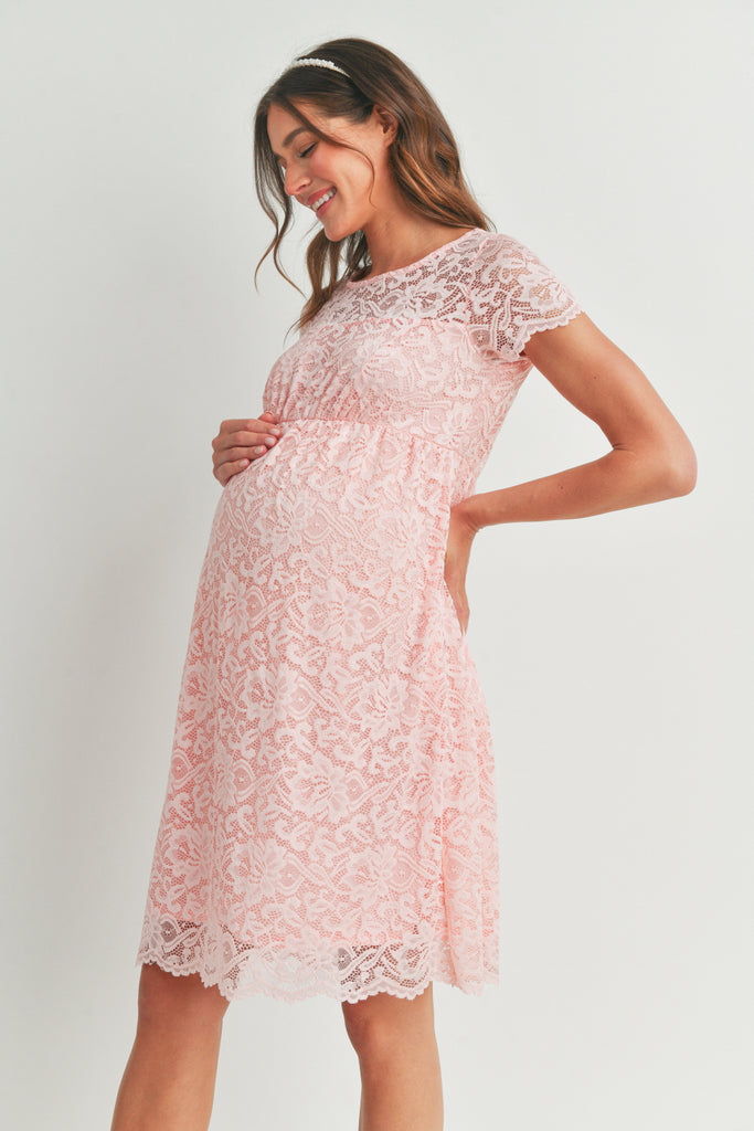 Pink Short Sleeve Lace Maternity Swing Dress