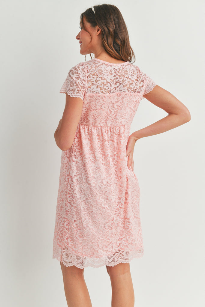 Pink Short Sleeve Lace Maternity Swing Dress