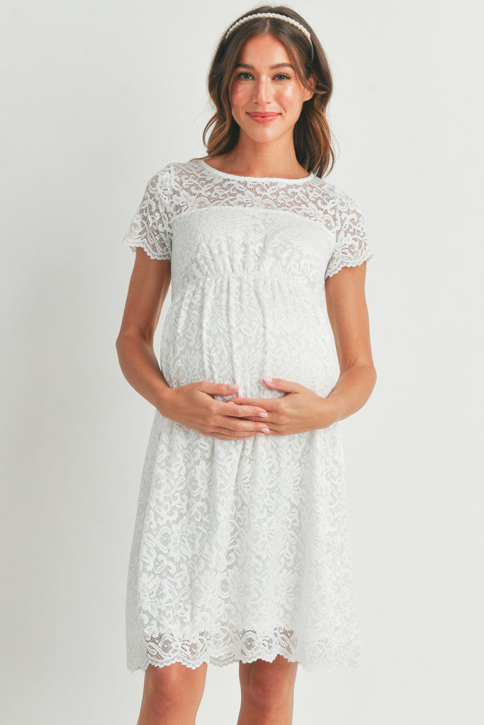 White Short Sleeve Lace Maternity Swing Dress