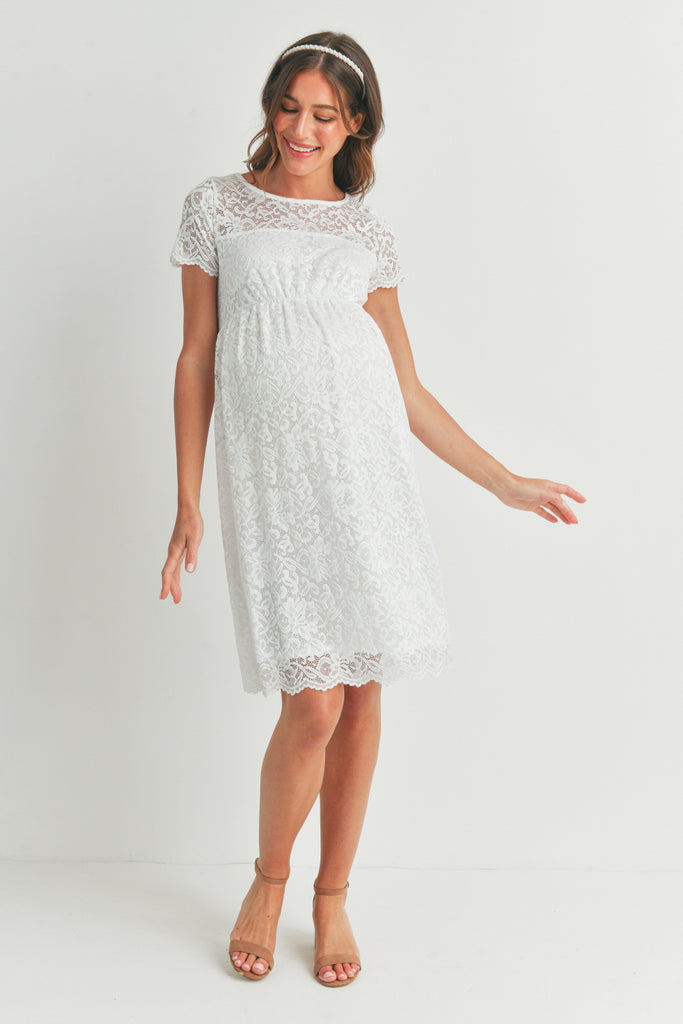 White Short Sleeve Lace Maternity Swing Dress