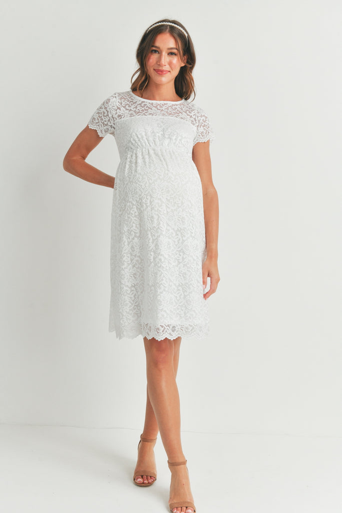 White Short Sleeve Lace Maternity Swing Dress