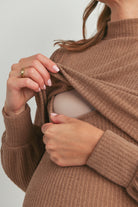 Brown Mock Neck Ribbed Maternity Nursing Dress Front Detail Nursing Opening