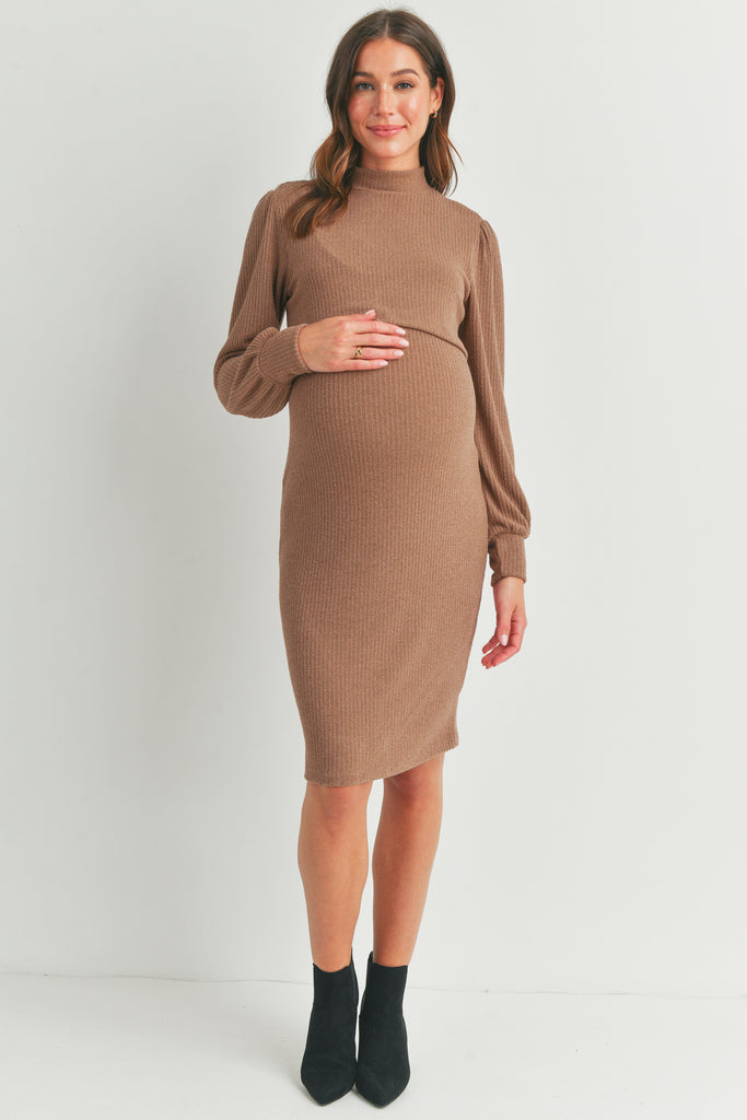 Brown Mock Neck Ribbed Maternity Nursing Dress Full Body