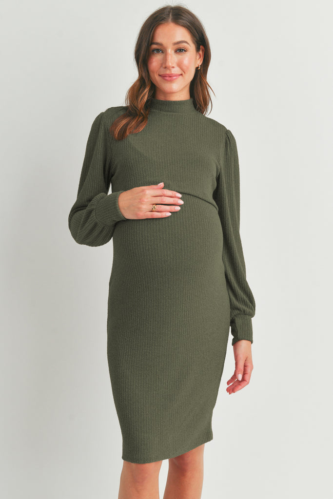 Olive Mock Neck Ribbed Maternity Nursing Dress Front