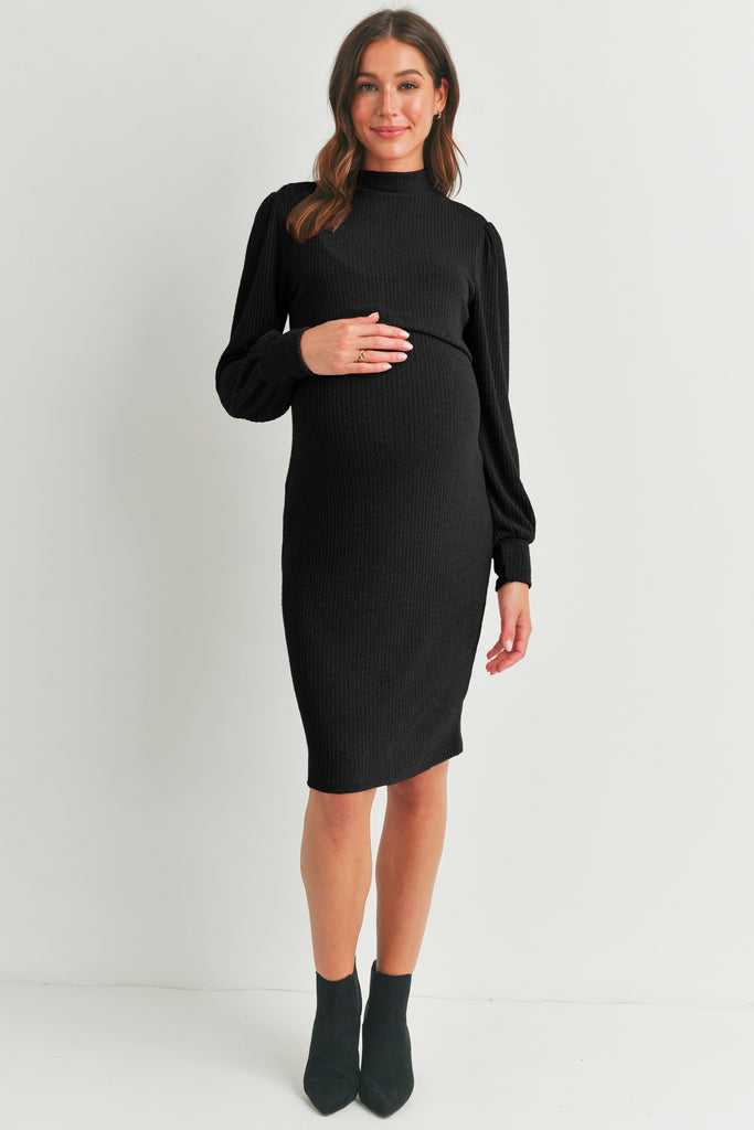 Black Mock Neck Ribbed Maternity Nursing Dress Full Body