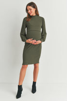 Olive Mock Neck Ribbed Maternity Nursing Dress Full Body