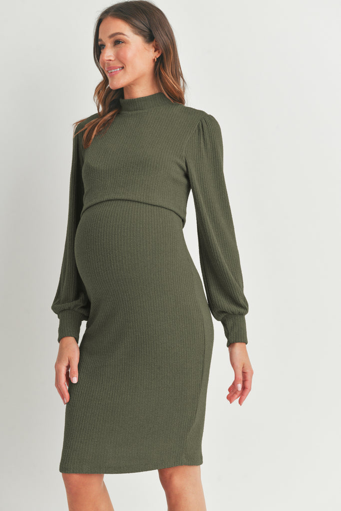 Olive Mock Neck Ribbed Maternity Nursing Dress Side