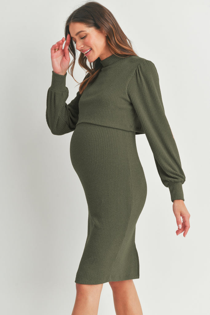 Olive Mock Neck Ribbed Maternity Nursing Dress Side