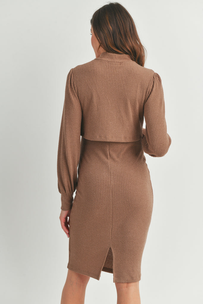 Brown Mock Neck Ribbed Maternity Nursing Dress Back