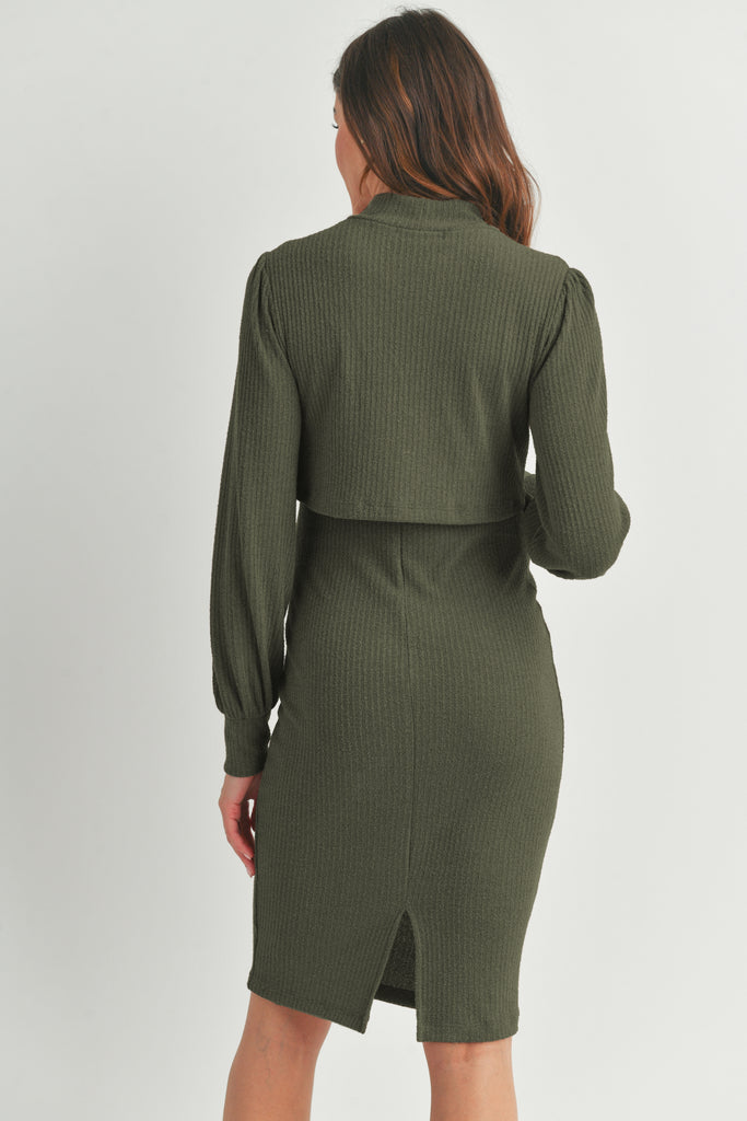 Olive Mock Neck Ribbed Maternity Nursing Dress Back