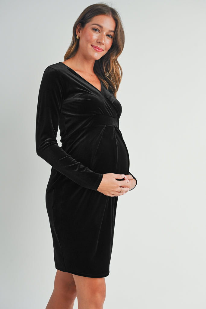 Black Velvet Surplice Neck Front Pleat Maternity Dress Side