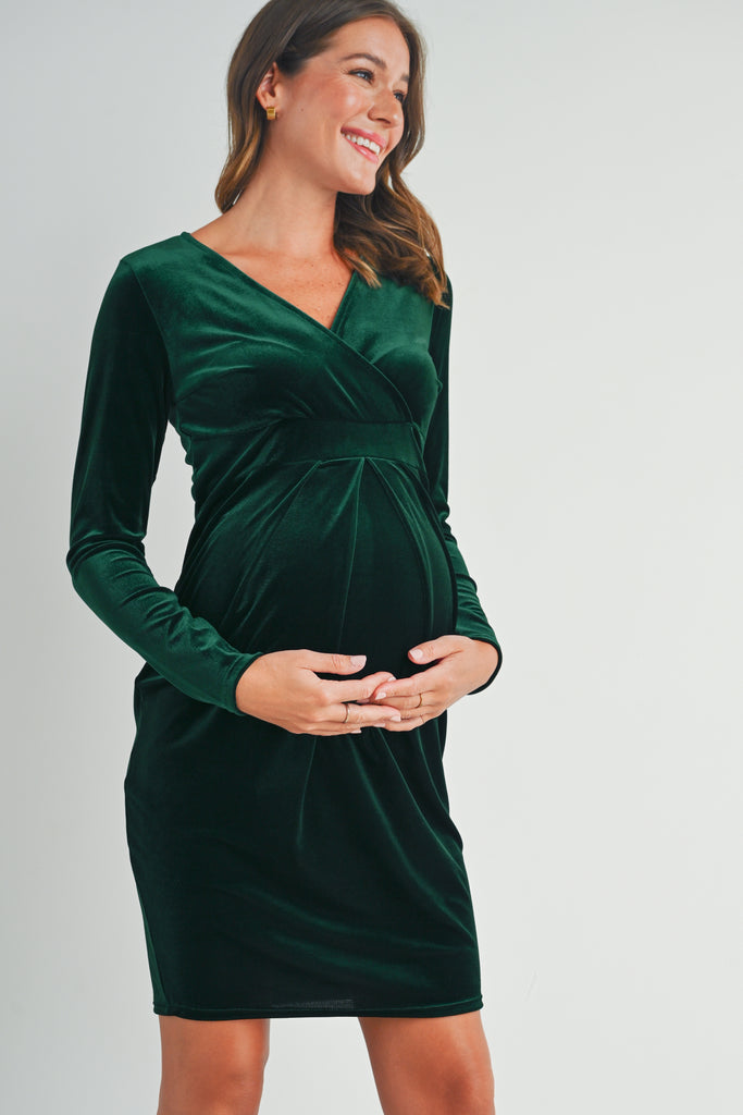 Hunter Green Velvet Surplice Neck Front Pleat Maternity Dress Side