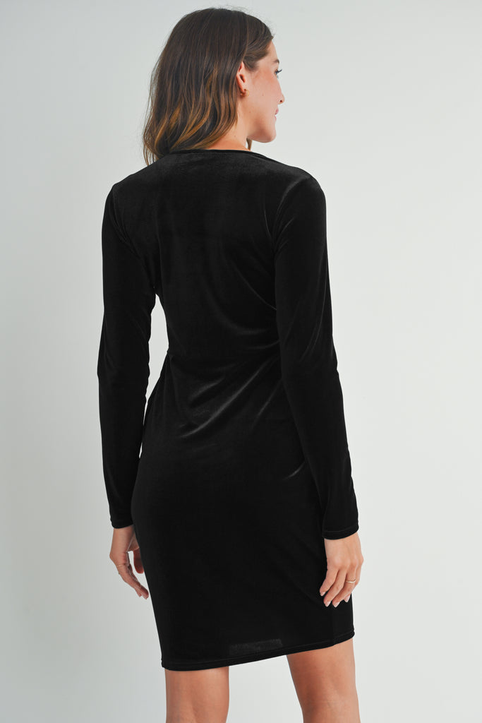 Black Velvet Surplice Neck Front Pleat Maternity Dress Back