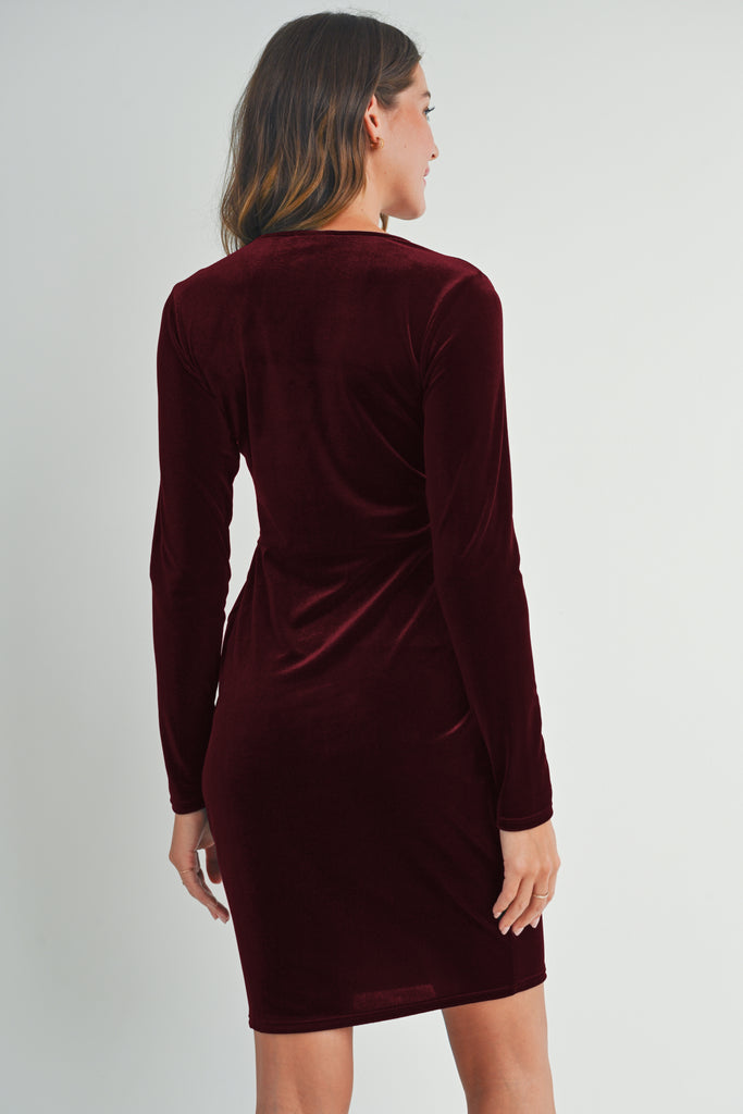 Burgundy Velvet Surplice Neck Front Pleat Maternity Dress Back