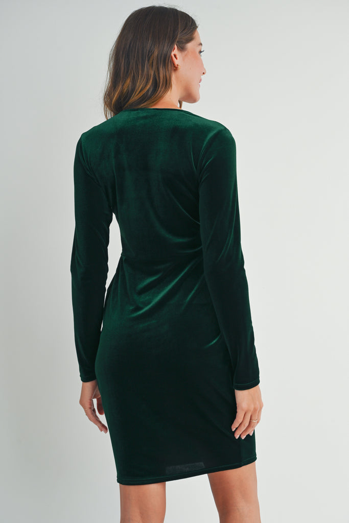 Hunter Green Velvet Surplice Neck Front Pleat Maternity Dress Back