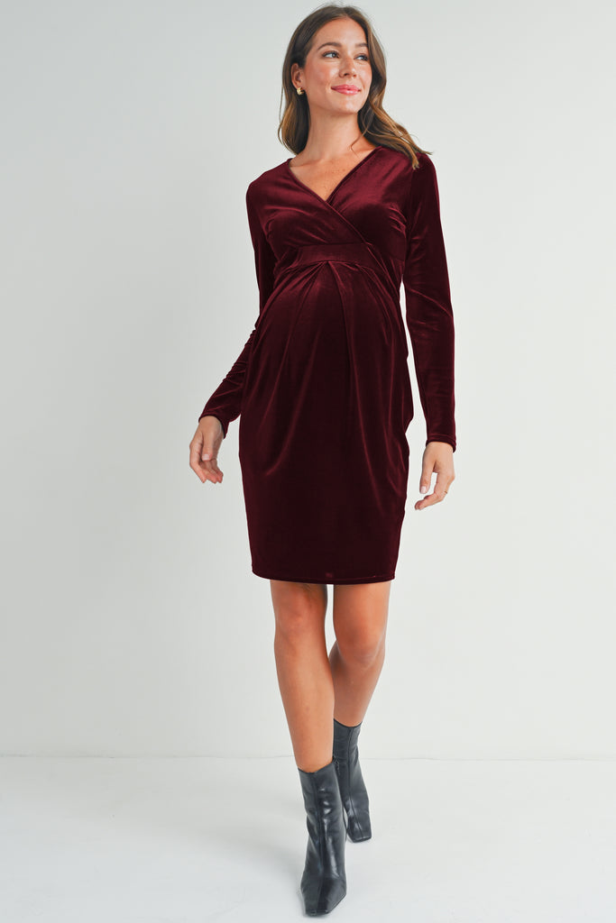 Burgundy Velvet Surplice Neck Front Pleat Maternity Dress Full Body