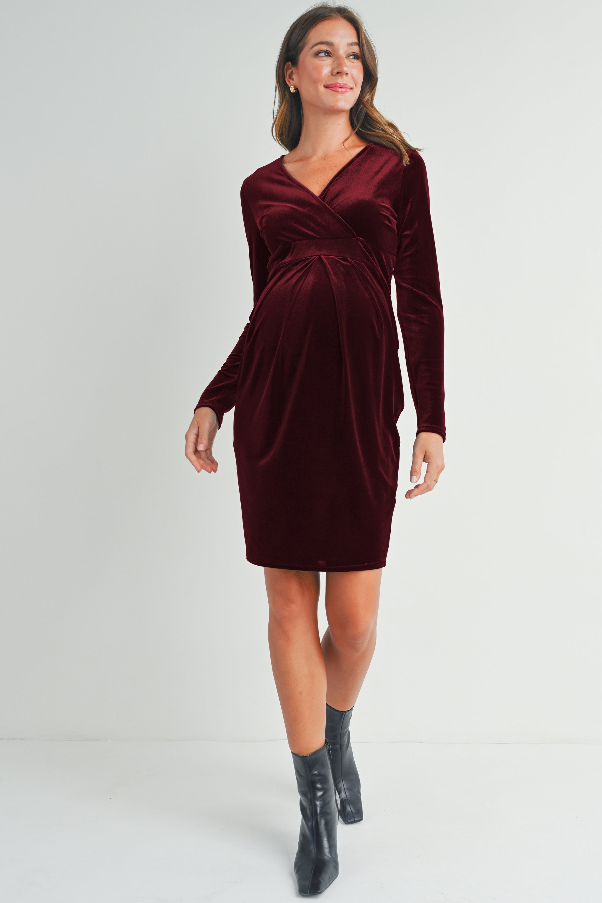 Velvet Surplice Neck Front Pleat Maternity Dress – HELLO MIZ