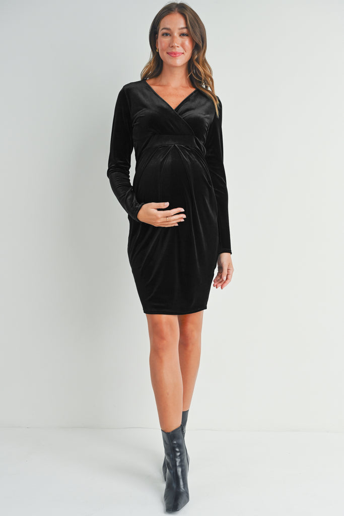 Black Velvet Surplice Neck Front Pleat Maternity Dress Full Body