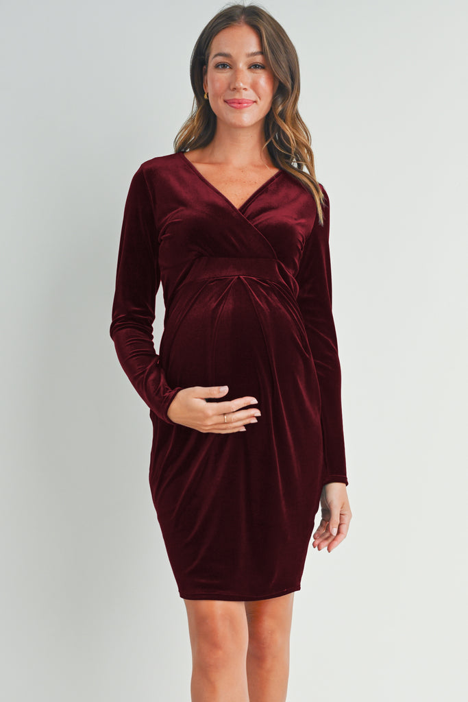 Burgundy Velvet Surplice Neck Front Pleat Maternity Dress Front