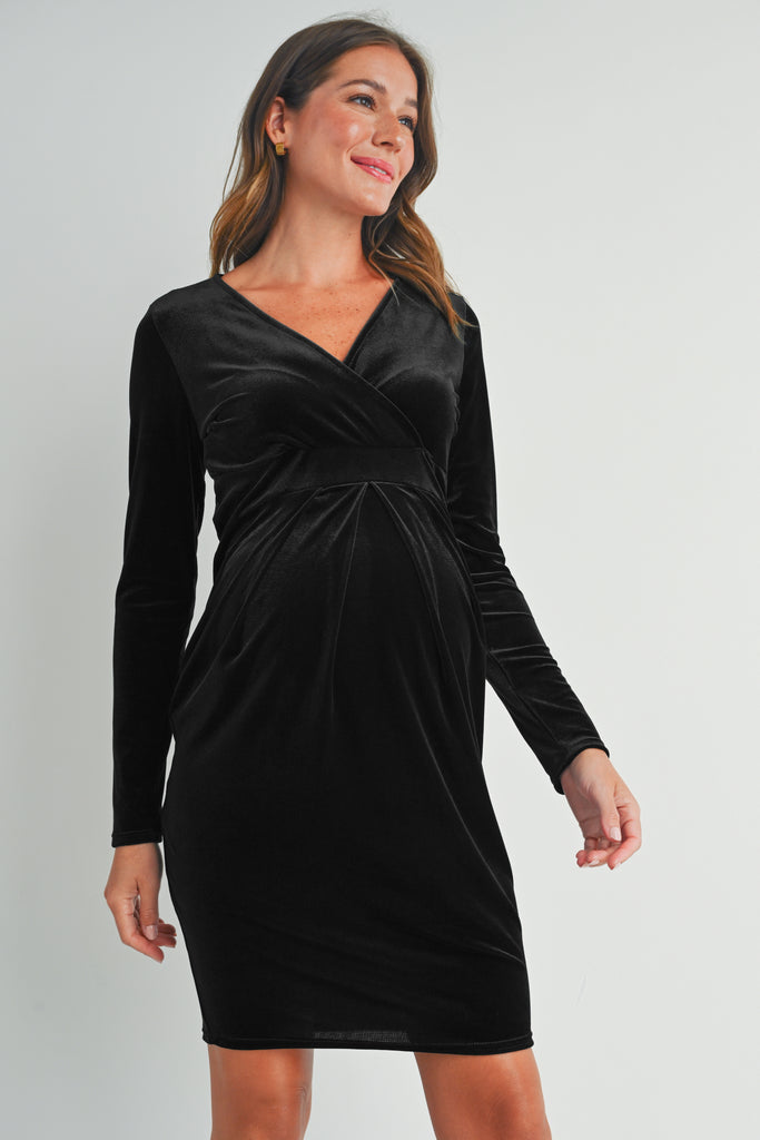 Black Velvet Surplice Neck Front Pleat Maternity Dress Front