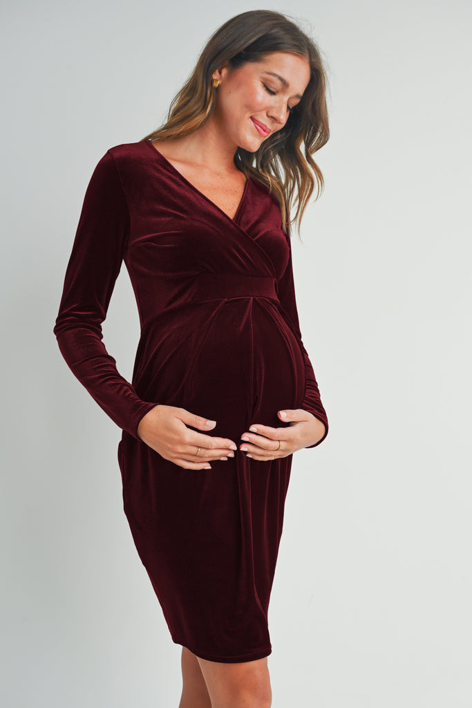 Burgundy Velvet Surplice Neck Front Pleat Maternity Dress Side