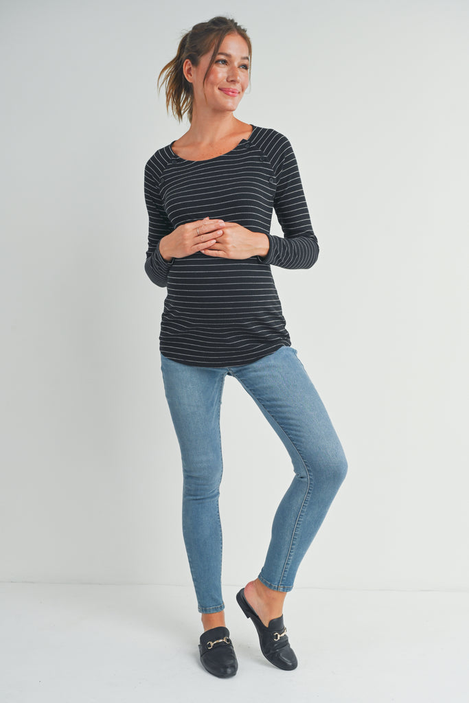 Black Striped Round Neck Nursing Top with Button Detail Full Body