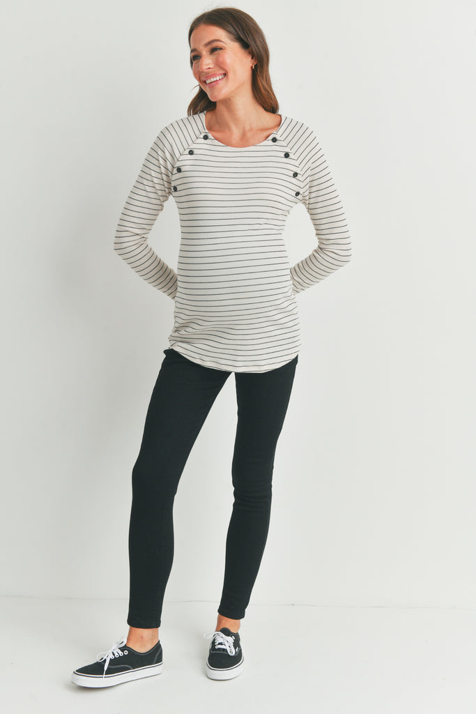 Ivory Striped Round Neck Nursing Top with Button Detail Full Body