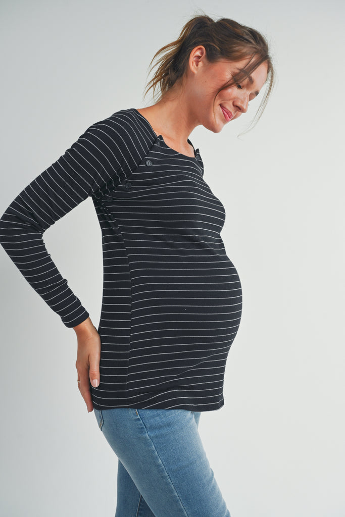 Black Striped Round Neck Nursing Top with Button Detail Side