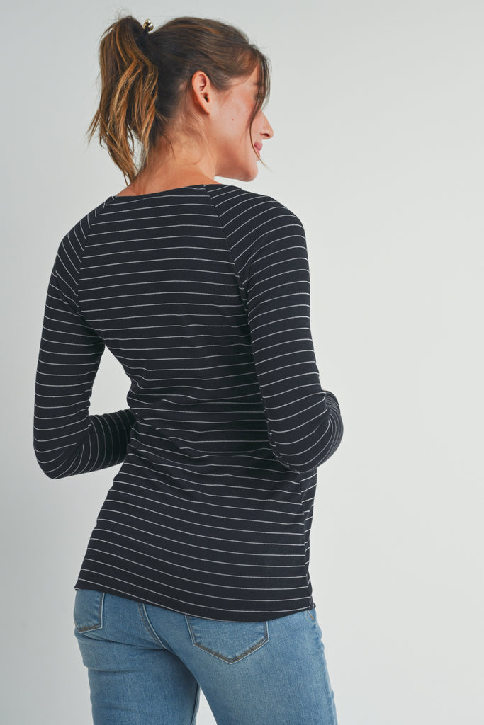 Black Striped Round Neck Nursing Top with Button Detail Back