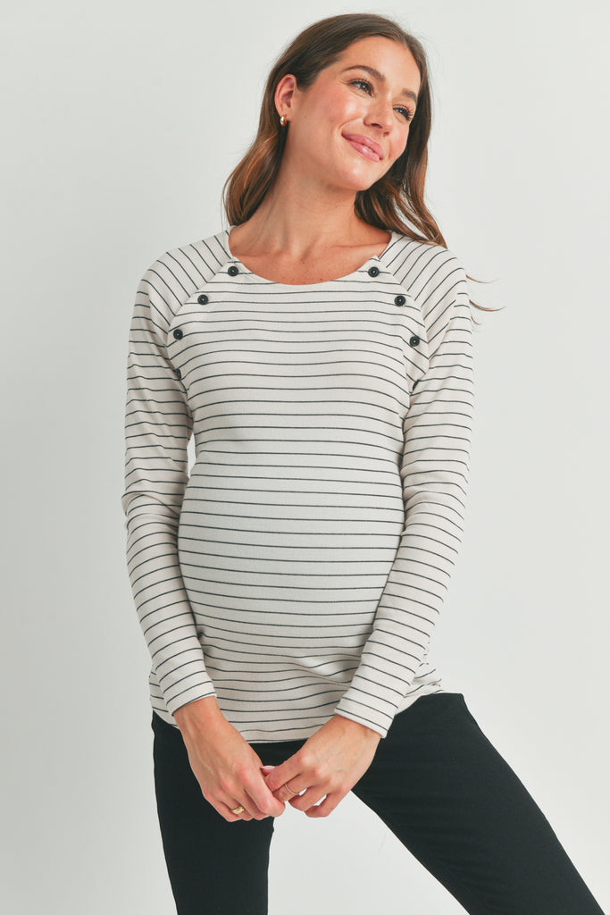 Ivory Striped Round Neck Nursing Top with Button Detail Front