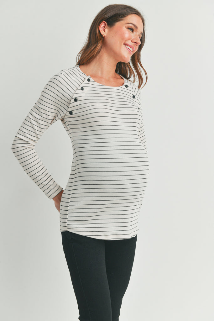 Ivory Striped Round Neck Nursing Top with Button Detail Side